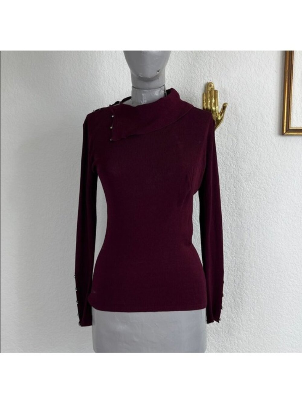 Club Monaco Merlot Fine Knit Silver Button Asymetrical Neck Deep Red Sweater
